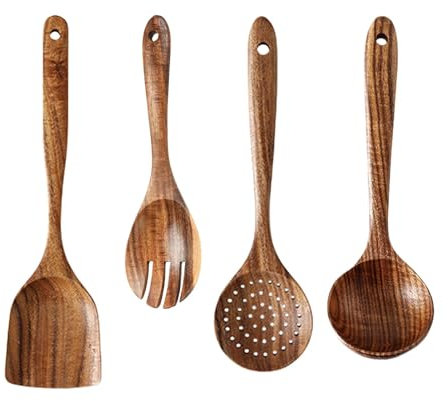Utensilios de cocina de madera, juego de utensilios de cocina de madera, cuchara grande para mezclar sopa, utensilios de cocina de madera natural, juego de 4 utensilios de madera, cucharas de madera