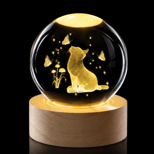 Sahoottie Cat Crystal Ball Figurine 60mm 3D Cats Glass Ornament with Stand Paperweights for Home Decoration Cat Gifts for Cats Lovers Women Cute Birthday Gifts