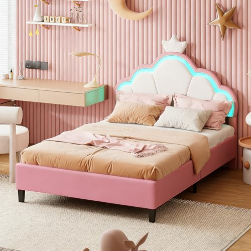 BPKADHY Cama tapizada individual de 90 x 200 cm, cama infantil con iluminación LED, cabecero ajustable en altura en forma de flor, estructura de cama juvenil con somier, tela de terciopelo (rosa, 90 x