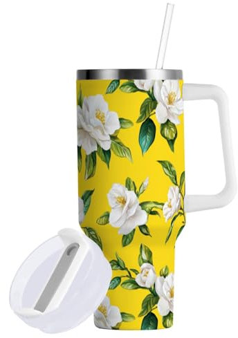 Aesthetic Flower and Whites - Vaso aislado al vacío amarillo con tapa y popote, botella de agua de 887 ml con asa, taza de café de boca ancha para mujeres y hombres
