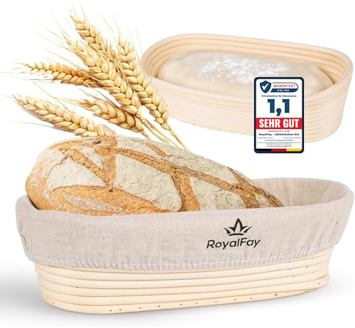 RoyalFay® Gärkörbchen oval 28 cm – Brotform aus natürlichem, atmungsaktivem Rattan für 0,5 kg Teig – inklusive Baumwollgärtuch – Gärkorb für Teigruhe, Sauerteig- und Brotformung