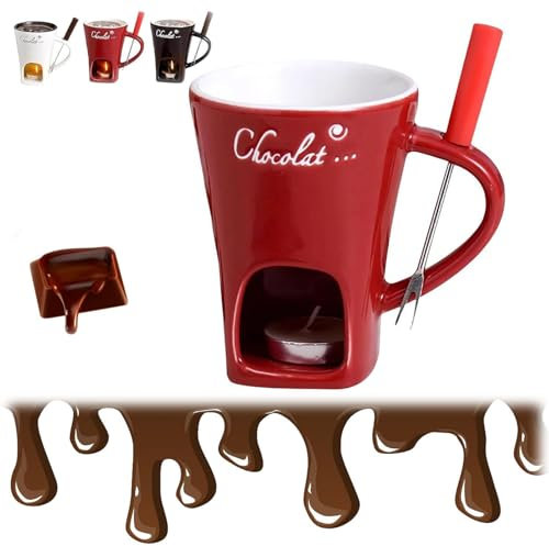Taza de fondue, taza de fondue de chocolate con tenedor y vela, taza de fondue dulce, taza de fusión de chocolate para cita nocturna, cumpleaños, regalo de boda, fiesta (rojo)