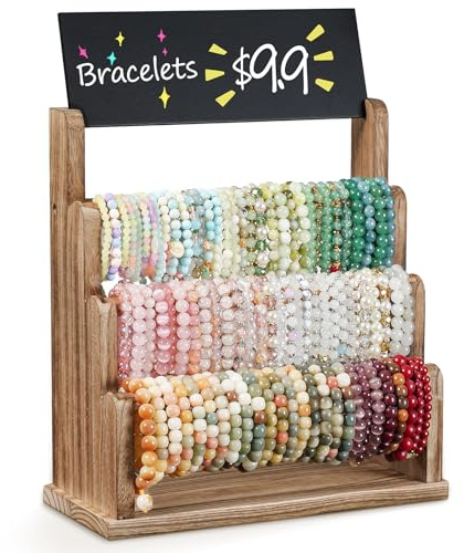 Emfogoo Armbandhalter, 3 Stufig Armband Ständer mit Werbeschild für Armbänder Bangles Watch Scrunchies, Holz Armbänder Halterung Display für Verkäufer, Craft Shows und Store(Rustikal Braun)