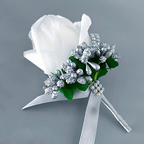 Aniyan 2 Stücke Hochzeit Boutonniere Blumen, Künstliche Herren-Rosen-Boutonniere, Ansteckblume für Bräutigam, Brautjungfer, Party, Abschlussball, Bankett,(Weiß + Silbergrau)