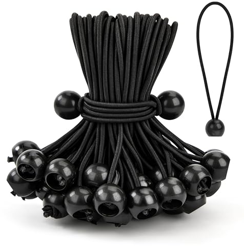 Tensores Elásticos, 100 Piezas Bolas Bungee, Cuerdas Elásticas con Bola, Tensor de Goma, Pulpos Elasticos para Lonas, Pabellones, Tiendas de Campaña, Carteles, Negro