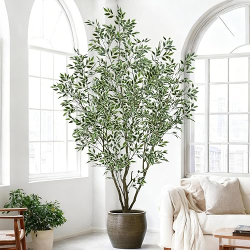 Fsslower Artificial Ficus Tree 8FT with 2300 Leaves & White Planter Realistic Tall Large Fake Faux Tropical Silk Lifelike Plant 96 Inch for Indoor Home Office Store Corner Decor Housewarming Gifts