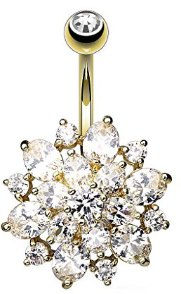 Piersando Bauchnabelpiercing Piercing Bauch Schmuck Banane Stecker 316 L Chirurgenstahl Stab Gebogen Dahlia Blume mit vielen Kristallen
