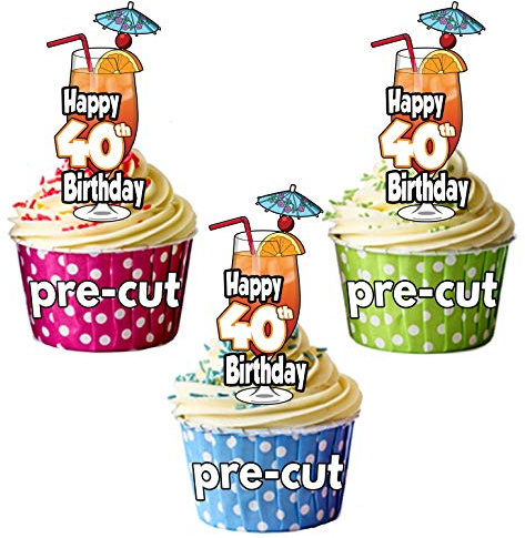 AK Giftshop Happy 40th Birthday Cocktail Glass - Precut Edible Cupcake Toppers/Cake Decorations - Mens - Ladies - Celebrations - Party (Pack of 12)
