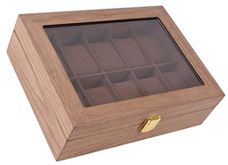 Bonarty Uhrenkoffer für 10 Uhren, Holz Uhrenbox Uhrenkasten Uhrenvitrine Uhrentruhe Uhrenschatulle Schmuckkästchen mit Glasfenster und Samt Futter - Dunkelbraun