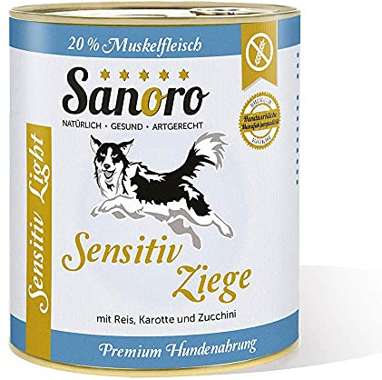 Sanoro Menü Sensitiv Light Ziege. Premium Hundefutter bei Leishmaniose: Purin- und proteinreduziert. Teil-Bio-Qualität. Muskelfleisch von der Ziege mit Bio-Reis und Bio-Karotte. (6 x 800g)
