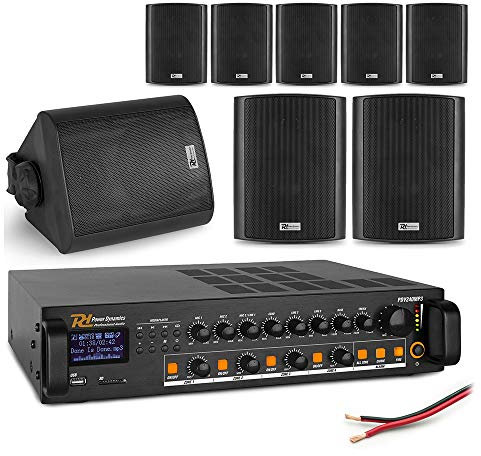 Power Dynamics 4-Zone Wall Speaker System with 8x 4-Inch Weatherproof IP56 Black Speakers, Bluetooth Mixer Amplifier & Installation Cable, Multi-Room PA Audio for Outdoor Gardens & Commercial Venues