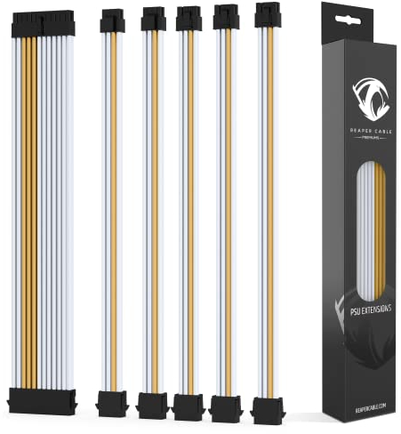Reaper Cable Premiums - Kit d'extension gainé pour bloc d'alimentation - Peignes de câble en aluminium - 1 x 24 broches / 2 x 4 + 4 broches / 3 x 6 + 2 broches - 30 cm (blanc et doré)