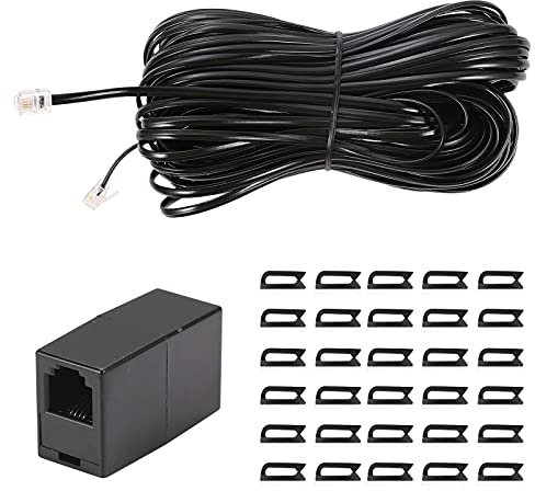 Seefeful 100 Feet Long Telephone Extension Cord Phone Cable Line Wire, with Standard RJ11 Plug and 1 in-Line Couplers and 30 Cable Clip Holders-Blac (Black 100FT)