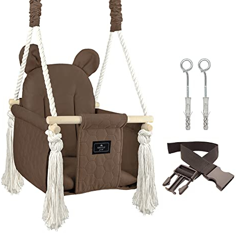 NATILU® Babyschaukel Indoor Outdoor | Bär Quilted Cacao | Schaukel | Kinderschaukel | Kindergartenschaukel | Kleinkindschaukel | Holzschaukel | Schaukelsitz | Swing ab 6M+ für Zuhause, Garten
