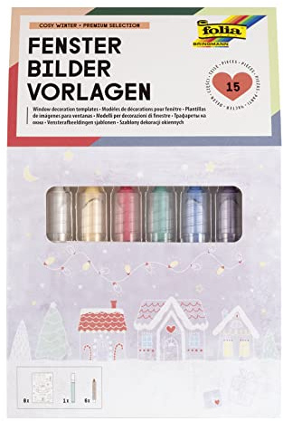 folia 39249 – Premium fönsterbilder set Mysig vinter med 8 förtryckta designmallar med temat vinter, jul och höst, inkl. 7 kritpennor