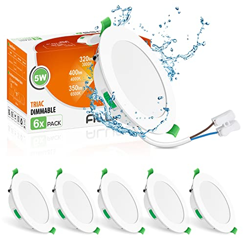 ALUSSO LED Recessed Ceiling Lights Dimmable, 5W IP65 LED Bathroom Spotlights, Warm White 3000K-Neutral White 4000K-Cool White 6500K Adjustable, Cut Φ75-85MM, 30MM Ultra-Slim Round Downlights, 6 Pack