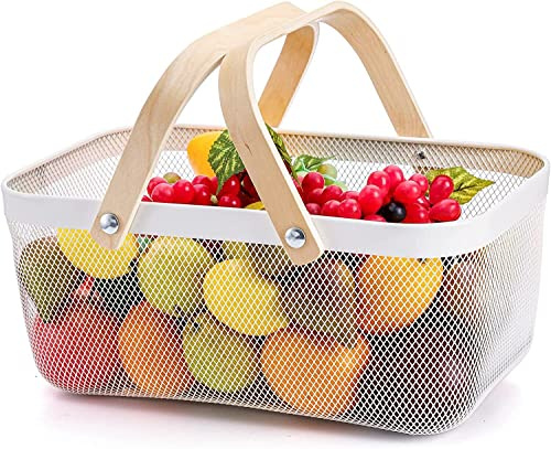 Sarmini Aufbewahrungskorb mit Holz Henkel, Multifunktionaler Metalldraht Hängende Küchenkörbe Obstkorb Ideal für Küche, Bad, Speisekammer, Garten, Schrankhaus, Einkaufen (Rechteck - Weiß)