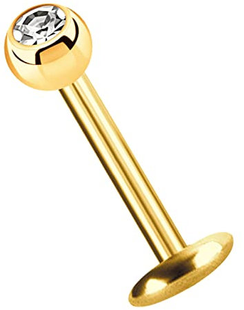 Piercing Labret, Gold, in 1,2 x 7 mm mit 3 mm Steinkugel in klar