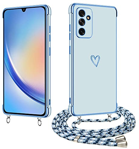 E-Lush Handyhülle für Samsung Galaxy A34 5G Hülle mit Band, Handy Hülle für Samsung A34 5G mit Kette Schutzhülle Herz Love Muster Galvanik Silikon Stossfest Case mit Kordel zum Umhängen, Blau