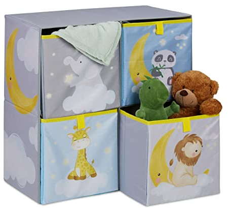 Relaxdays Kinderregal mit 4 Boxen, HBT: 59,5 x 60,5 x 30 cm, Aufbewahrungsregal fürs Kinderzimmer, Spielzeugregal, bunt