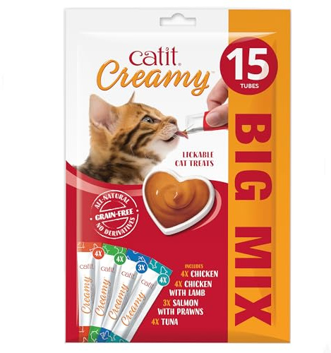 Catit Creamy Variety Pack Lickable Cat Treats for Cats and Kittens, Cat Treat Licky Snack, Grain-Free Lick Treat, 15 x 10g Multipack