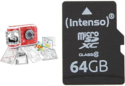 VTech KidiZoom Print Cam – Sofortbild-Kinderkamera mit Druckfunktion & Intenso microSDXC 64GB Class 10 Speicherkarte inkl. SD-Adapter, schwarz