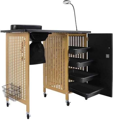 Kalolary Professional Manucure Table Salon Nail Station de Ongles Mobile avec collecteur de poussière d'ongles, 4 tiroirs, Lampes à LED, Le Repos au Poignet, la manucure de beauté Salon (Or Noir)