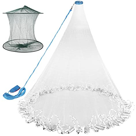 Neween Cast Net for Fishing with Shrimp Cage, American Freshwater Saltwater 3/4/5/6/7/8Ft Radius Casting Net Bait Trap Fish, Heavy Duty Zinc Sinker, 3/8 Inch Mesh Size 3FT