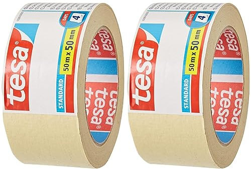 Tesa Nastro per Mascheratura Standard - Nastro in Carta per Mascheratura, Rimozione senza Residui per 4 Giorni, senza Solventi, 50 m x 50 mm (Confezione da 2)