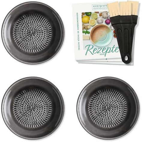 evergrate Keramikreibe 3er Verschenkset - 3 Tellerreiben Anthrazit mit Küchenpinseln und Rezeptheften
