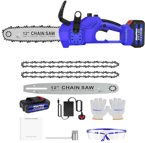 Chainsaw Cordless 12 Inch, Electric Chainsaw Cordless, Electric Pruning Chain Saw with Replacement 2 Chains and Battery, Oiler System Security Lock Handheld Chainsaw for Wood Cutting Tree Trimming