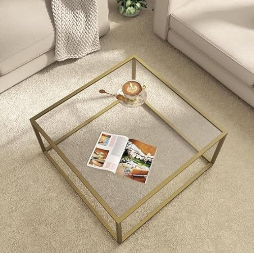 SAYGOER Couchtisch Gold Modern,Quadratischer Glastisch mit Metallgestell, Minimalistischer Couchtisch für Wohnzimmer, Wohnzimmer/Büro/Zuhause, 68x68x40 cm, Einfache Montage，Gold