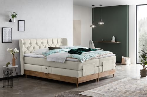Belanoti EON Boxspringbett 180x200 elektrisch verstellbar 7-Zonen Taschenfederkern Matratze inkl Visco Topper Bett 180x200 mit Motor in der Farbe Beige H2/H3 Polsterbett Motorbett Massivholz Eiche