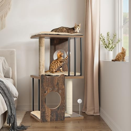 YITAHOME Arbre à Chat Moderne à 3 Niveaux de 90 cm pour Grands Chats d'Intérieur, Tour à Chat en Bois avec Griffoirs, Coussins Amovibles, Boule à Ressort, Pompon, Marron Rustique
