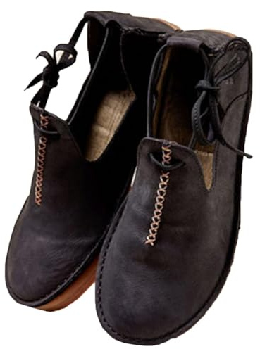 ORANDESIGNE Chaussures à Fond Plat en Cuir PU Médiéval Bottes de Sorcière Renaissance avec Talon Bas Steampunk Retro Casual Leather Boots Chaussures en Cuir à Tête Ronde pour Femmes