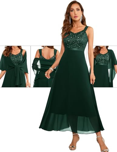 Berylove Robe de soirée longue à paillettes pour femme - Robe de cocktail élégante pour mariage - Robe festive avec étole - 2 pièces, vert foncé, XL