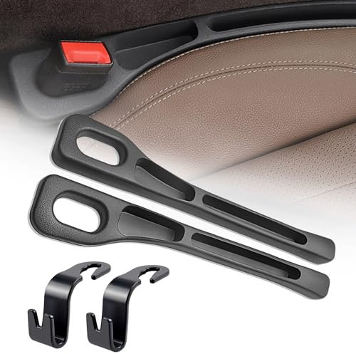 2Pcs Car Seat Gap Filler and Car Seat Hooks Set, Car Seat Organiser, Car Seat Gap Filler Organiser, Car Organiser, Prevents Falling Items, Wipeable Waterproof (Black)