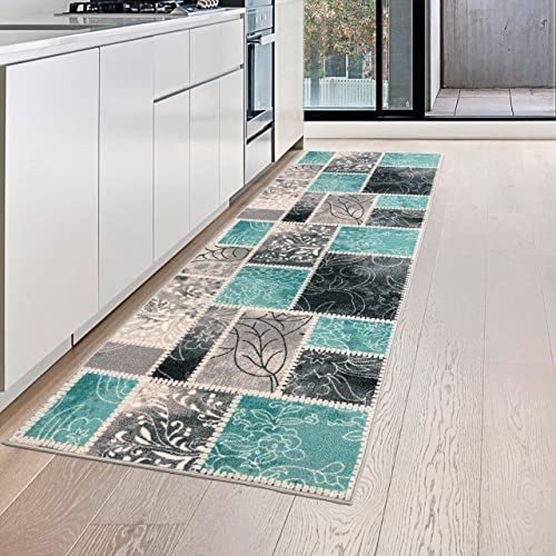 Teppich-Traum Küchenläufer Küchenteppich Karo Türkis Creme Grau 80x200 cm | Pflegeleicht, schmutzabweisend, strapazierfähig und rutschfest, rundherum gekettelt, für Küche, Flur und Essbereich