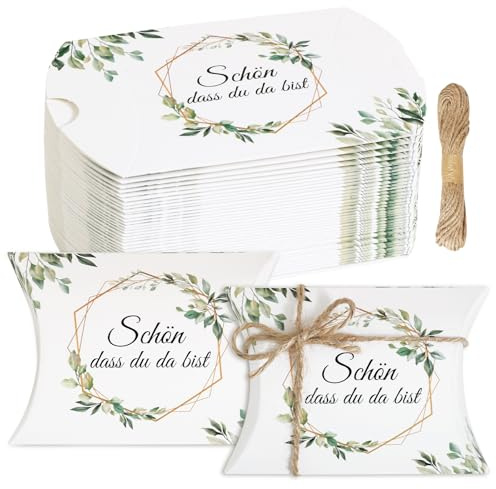 BOFUNX 50 Stück Schön Dass Du Da Bist Gastgeschenke Geschenkboxen Taufe Kommunion Konfirmation Gastgeschenk Box Hochzeit Geschenkboxen Kissenschachtel für Süßigkeiten Schokolade Kekse Geschenk