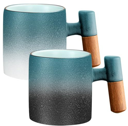 Behogan Tasses Espressos 2 pièces: 70 ml Tasses en céramique Premium avec Poignée en Bois, Petite Tasse à Café pour Espresso, Thé ou Latte (Bleu + Noir)