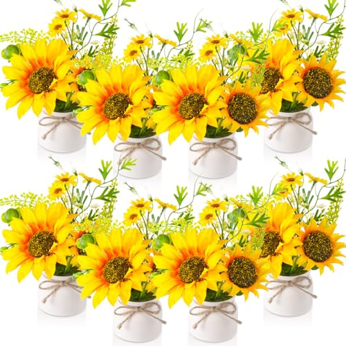 Zeyune Artificial Sunflower Potted Plants Rustic Wedding Table Centerpieces Summer Spring Kitchen Silk Yellow Flower with Plastic Pot for Home Bathroom Office Bridal Shower(8 Pcs,White,Sunflower)