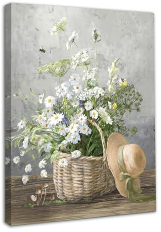 Dazzlewall Framed Daisy Flower Wall Art Decor Rustic Floral Prints, Farmhouse Botanical Canvas Wall Art for Bathroom Living Room Decor 12x16 in