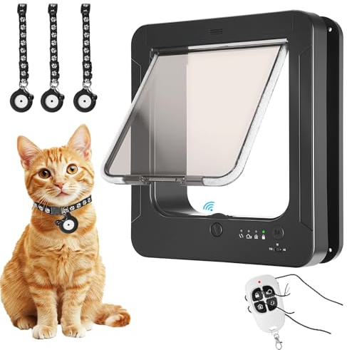 Dubcei Smart Cat Door, RFID Collar Activated Automatic Opening Cat Flap with 2 Collar Sensor Keys & 1 Remote Control, 4 Way Locking, Black, Plastic, Cat Owners, Cats, Neutral, PET_DOOR, Cat Door