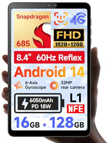 BNCF 8.4 inch Snapdragon 685 Android 14 Tablet, FHD IPS 1920x1200 Resolution 60Hz Reflex Bpad Mini with Widevine L1, 16GB+128GB(1TB Expand), 5MP+32MP Camera, 4G LTE+2.4G/5G WiFi+BT5.0+GPS, 6050mAh