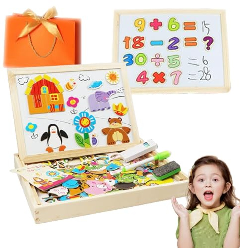 Wolkenschaukel 2 in 1 Montessori Zeichentafel, Magnetisches Holzpuzzle, 163 Stück Tiermuster Pädagogisches, Doppelseitige Magnettafel Kinder, Montessori Spielzeug ab 2 3 4 Jahre (C)