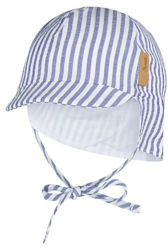 Sterntaler Schirmmütze Nackenschutz gestreift – Leichte Kindermütze aus Baumwoll-Mischgewebe mit Streifen, Ohrenklappen, Gummi, Bindeband und Innenfutter, UV-Schutz 50+