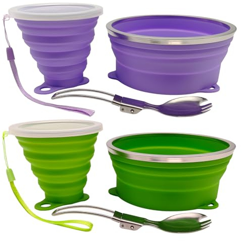 Cagelya Mess Kit for Camping Silicone Collapsible Bowl Collapsible Cup and Stainless Steel Spoon for Backpacking Outdoor Hiking Traveling and Picnic - 2 Pack