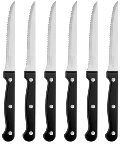 MYOTTPRO Steak Knife Set of 6, Stainless Steel Steak Knives with Sharp Serrated Edges and Non Slip Handle, Dishwasher Safe and Rust Resistant Sharp Knives Set