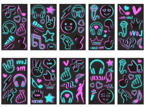 TEOZBLU 10 Hojas Tatuajes Temporales, Tatuajes Fiesta Luminoso, Seguros y Fáciles de Usar, Tatuajes Temporales de Neón, Notas Musicales, Tatuajes de Luz Negra UV-A
