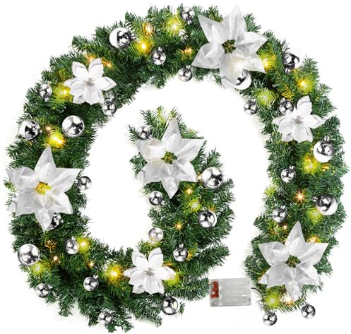 Guirlande De Noël, 2,7 M Guirlande Sapin Artificiel, avec Lumières LED, Noël avec des Lumières pour Porte D'entrée, Cheminée, Escaliers, Décoration(Argent)